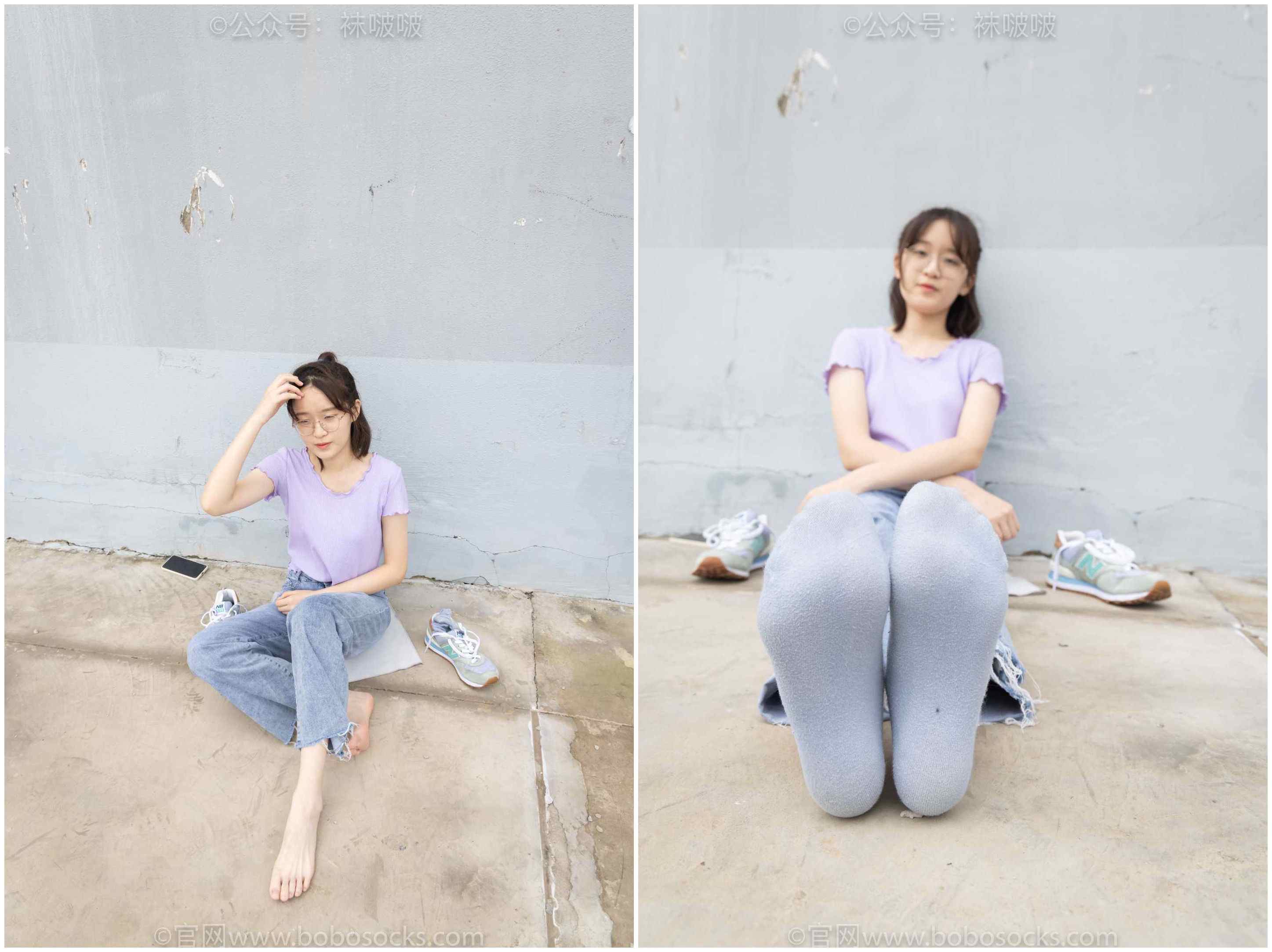 [袜啵啵]NO.020熊熊-NB运动鞋、蓝色短棉袜（踩脏）、裸足