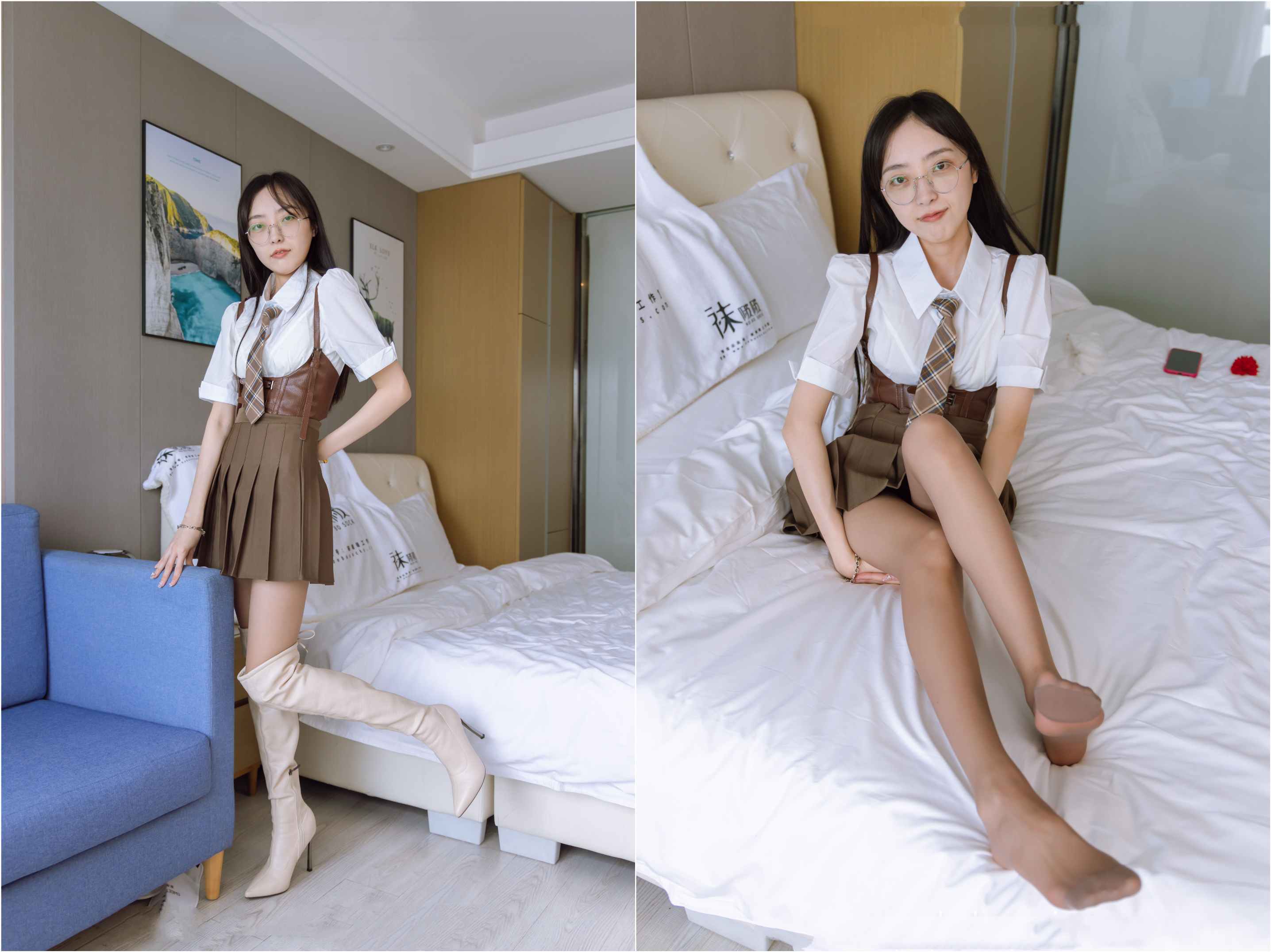[袜啵啵]133期 稚予-高跟长靴、白棉袜、咖啡丝