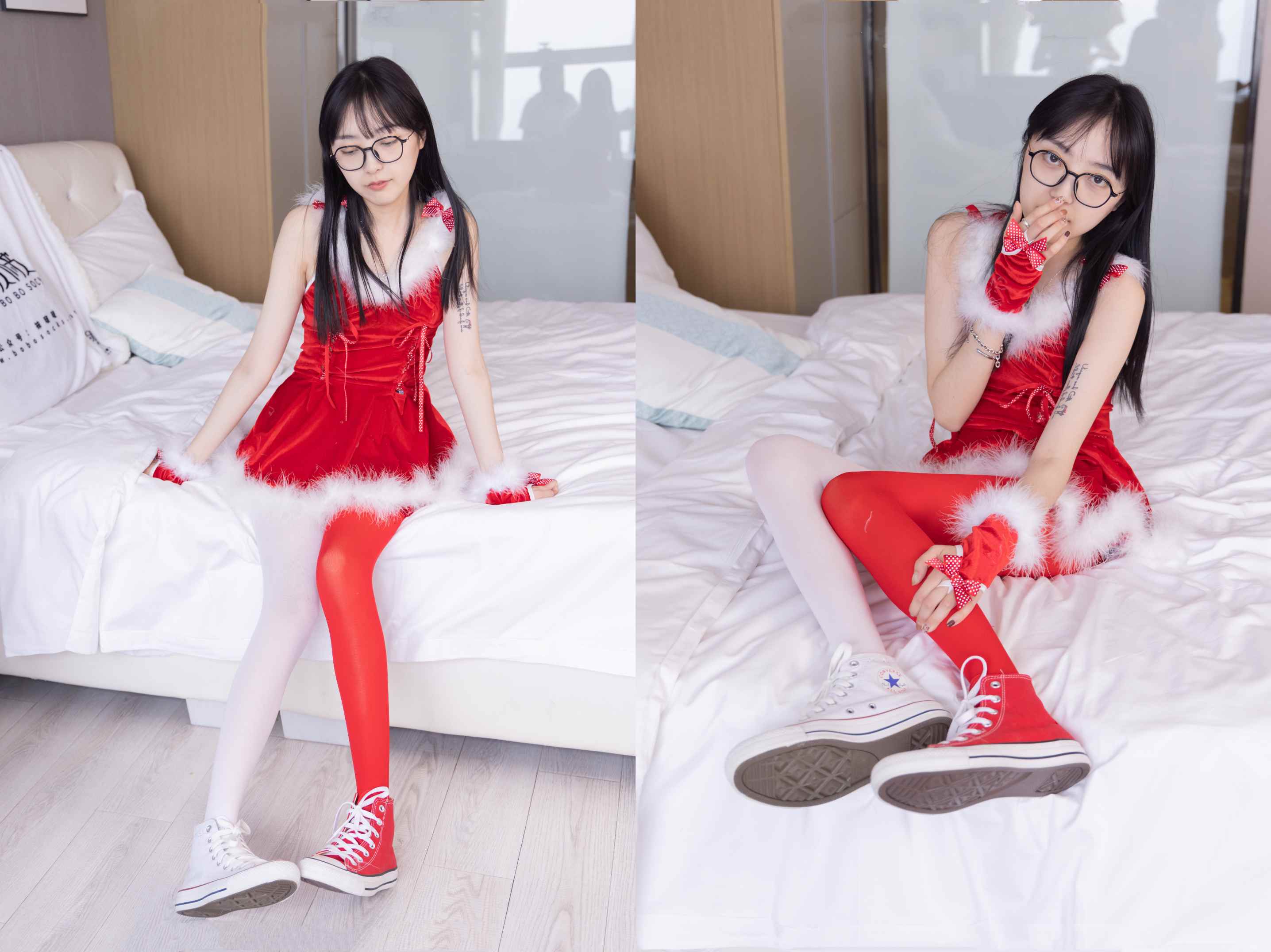 [袜啵啵]152期 稚予-圣诞服、帆布鞋、厚白丝、厚红丝