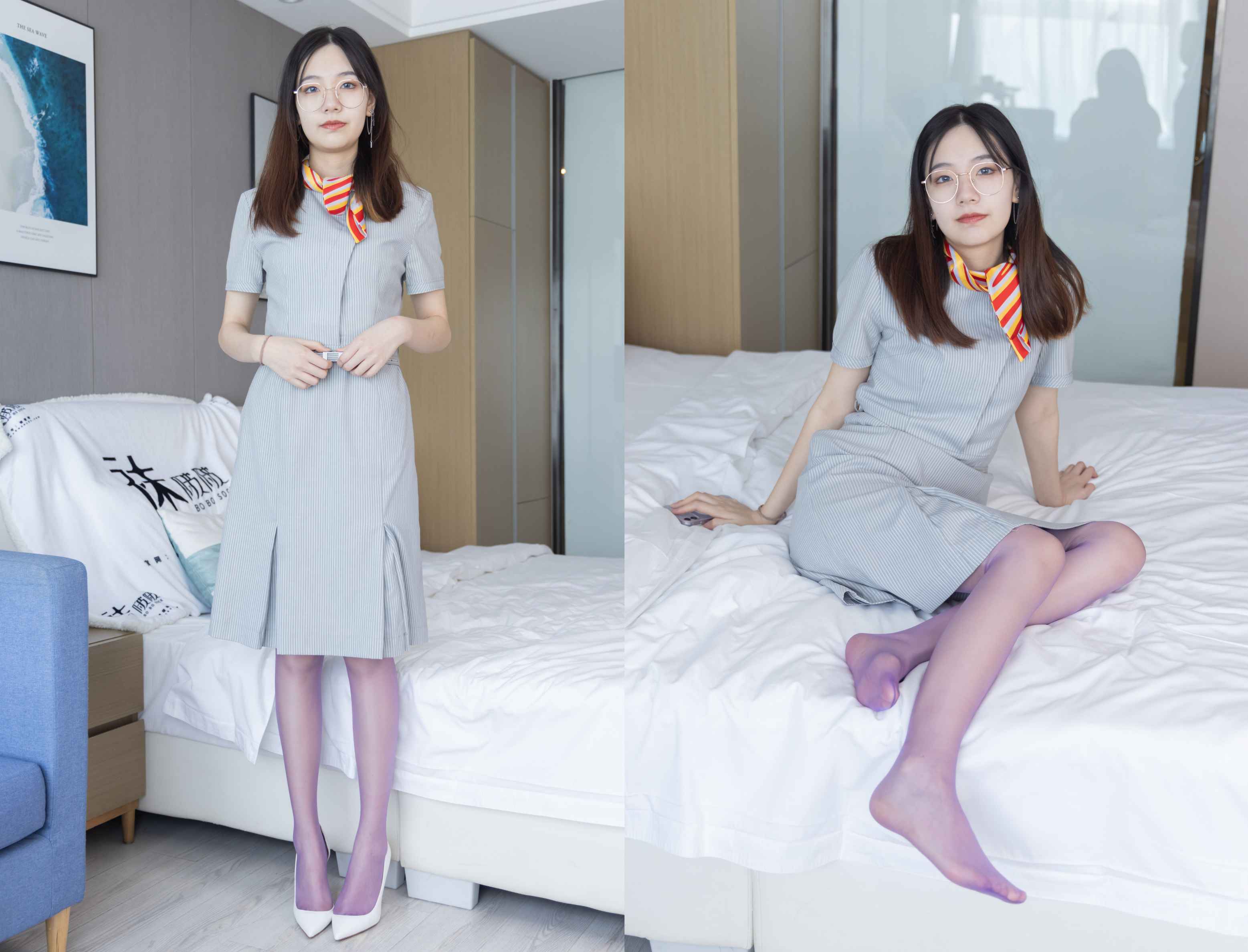 [袜啵啵]205期 小甜豆-白色高跟鞋、紫色油亮丝袜