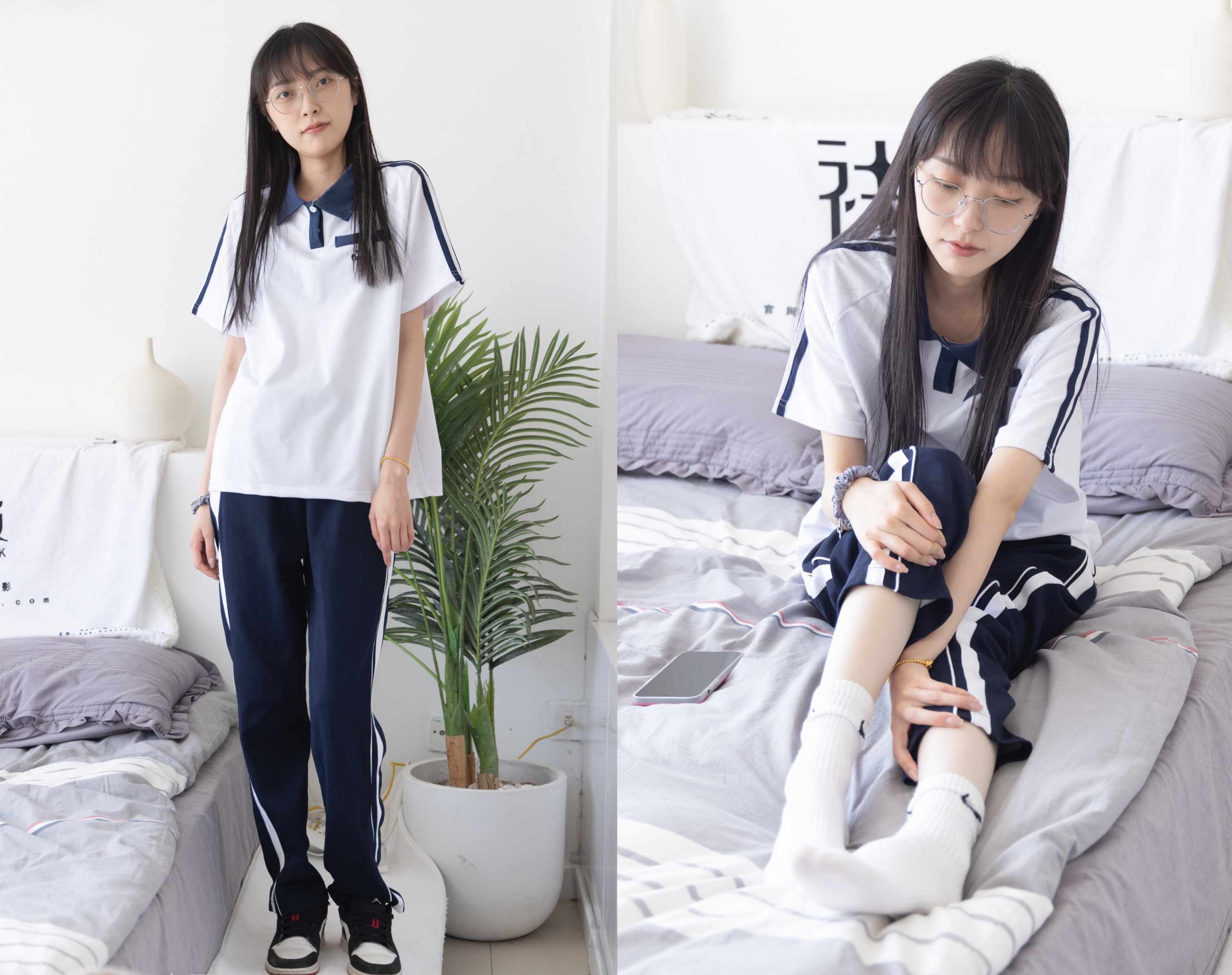 [袜啵啵]207期 稚予-aj板鞋、白棉袜、油亮白丝、校服裤里丝